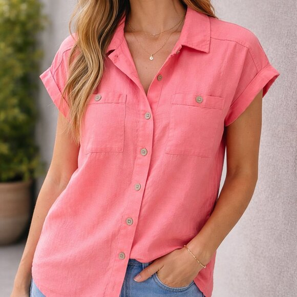 Isabel Ingrid & Isabel Tops - Isabel Ingrid & Isabel Linen Blend Button Up Shirt Womens M Pink Short Sleeve